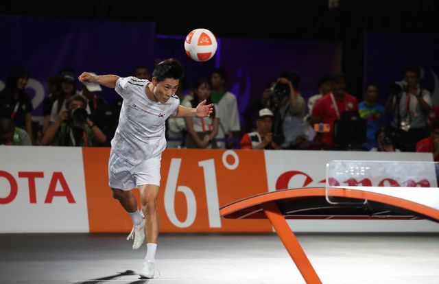 20일 일본 나고야 히가시 스포츠센터에서 열린 2026 아이치·나고야 아시안게임 테크볼 남자 단식 결승전 한국 이준석과 이라크 알리 자릴 메제르 알엘라야위 경기. 한국 이준석이 서브를 넣고 있다. 연합뉴