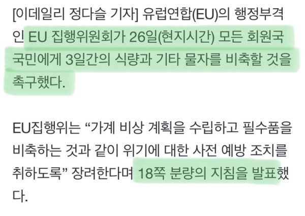 ”생존가방 준비해라" EU, 시민들에 권고 | 인스티즈