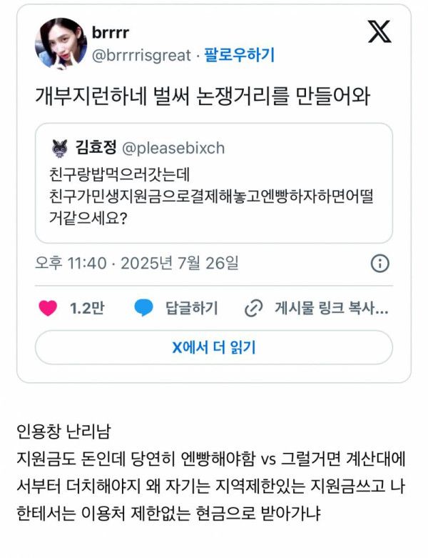 현재 인용, 알티터진 민생지원금 엔빵 논쟁.JPG | 인스티즈