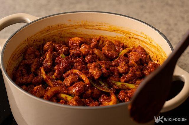 돼지고기 앞다릿살 500g을 넣고 볶고 있다. / 위키푸디