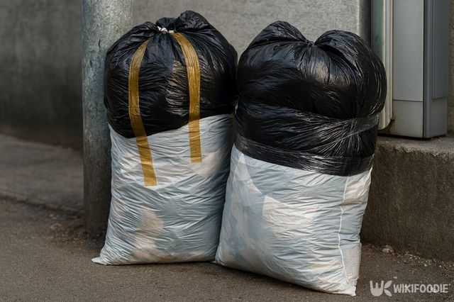 전봇대 옆에 놓인 종량제 봉투 위로 검은 비닐봉지가 덮여 있고, 테이프로 칭칭 감겨 있다. / 위키푸디