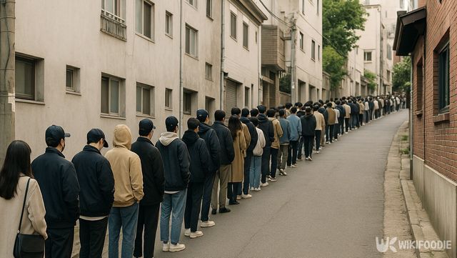 인앤아웃 팝업스토어를 기다리는 사람들이 골목길에 길게 줄 서 있다.&nbsp;해당 이미지는 기사 이해를 돕기 위해 AI로 재연하였습니다. / 위키푸디