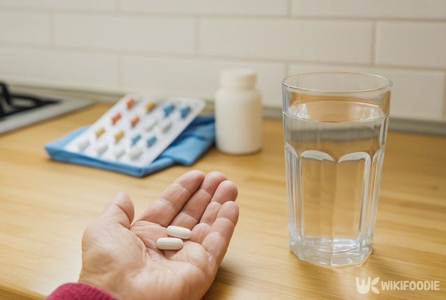 진통제 두 알을 손에 들고 있다. / 위키푸디