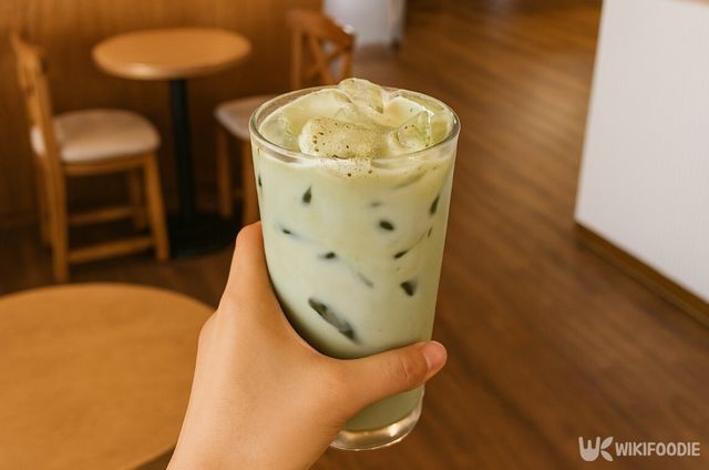 카페에서 아이스 녹차라테를 손에 들고 있다. / 위키푸디