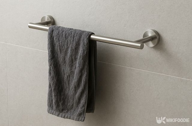 수건걸이에 젖은 회색 수건이 걸려 있다. / 위키푸디