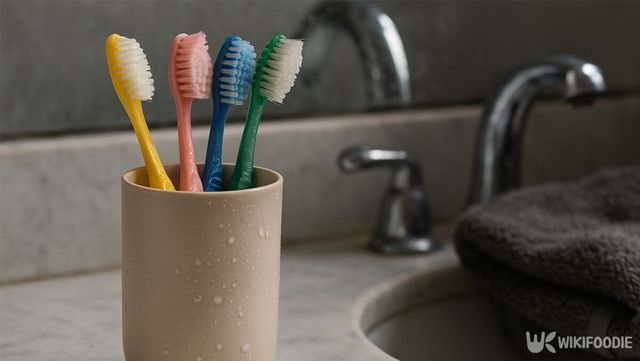 컵에 꽂힌 칫솔들이 서로 닿아 있다. 습한 욕실 환경에서 세균이 번식하기 쉬운 모습이다. / 위키푸디