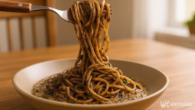 김 오일 파스타를 포크로 들어 올리고 있다. / 위키푸디