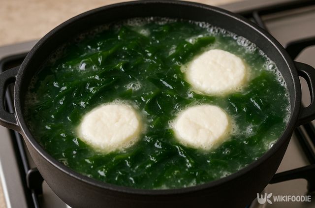 팔팔 끓는 미역국에 얼린 순두부를 넣고 있다. / 위키푸디