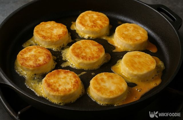 프라이팬에서 얼린 순두부를 계란물에 묻혀 노릇하게 굽고 있다. / 위키푸디