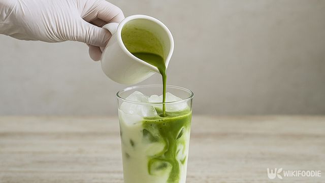 우유에 풀어둔 말차를 천천히 부어 섞어준다./ 위키푸디