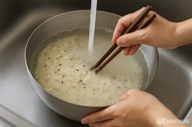 스테인리스 볼에 잡곡 쌀을 넣고, 수도에서 흐르는 물로 젓가락을 이용해 쌀을 씻고 있다.