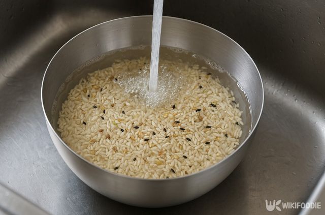 스테인리스 볼에 흰쌀과 잡곡을 넣고 세척하고 있다. / 위키푸디