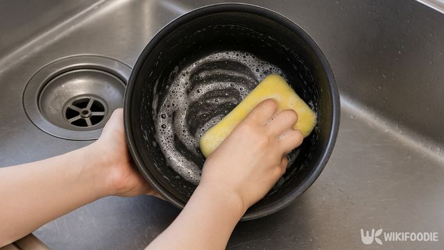부드러운 스펀지로 밥솥을 세척하고 있다. / 위키푸디