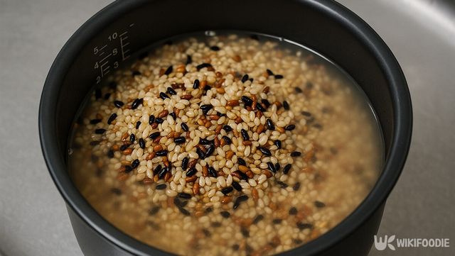 전기밥솥 내솥에 흰쌀과 잡곡을 넣고 세척하고 있다. / 위키푸디