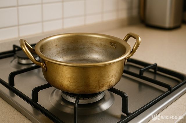 가스레인지 화구 위에 코팅이 벗겨진 양은 냄비가 올려져 있다.