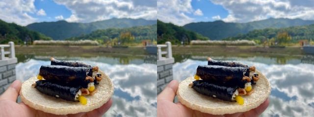 '2024 김천김밥축제'에서 판매된 김밥. 바삭한 뻥튀기 용기 위에 김밥이 담겨 있다. / 김천시 블로그