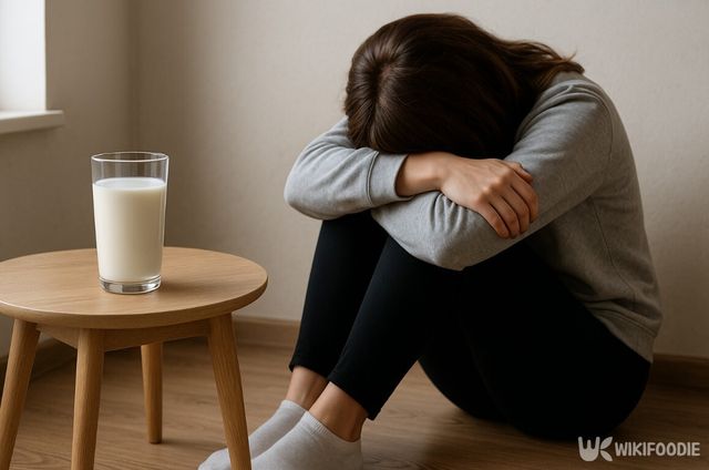 여성이 바닥에 앉아 무릎을 끌어안고 고개를 숙이고 있다. 옆의 작은 원목 테이블 위에는 우유 한 컵이 놓여 있다.&nbsp; / 위키푸디