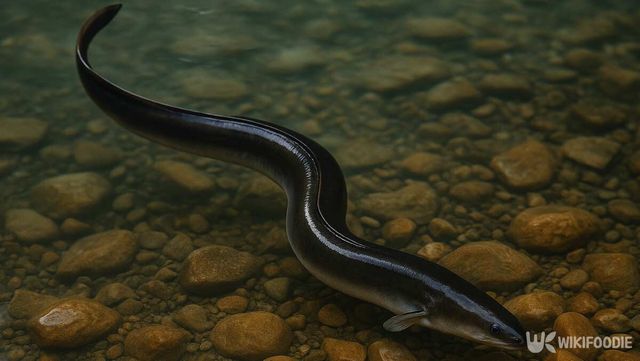 극동산뱀장어가 강 하류의 돌무더기 사이를 지나가고 있다. / 위키푸디