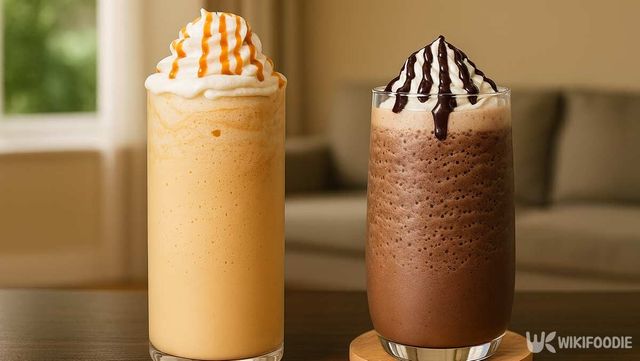 카라멜과 초콜릿 시럽이 올라간 시원한 프라푸치노 두 잔이 놓여 있다.&nbsp;/ 위키푸디