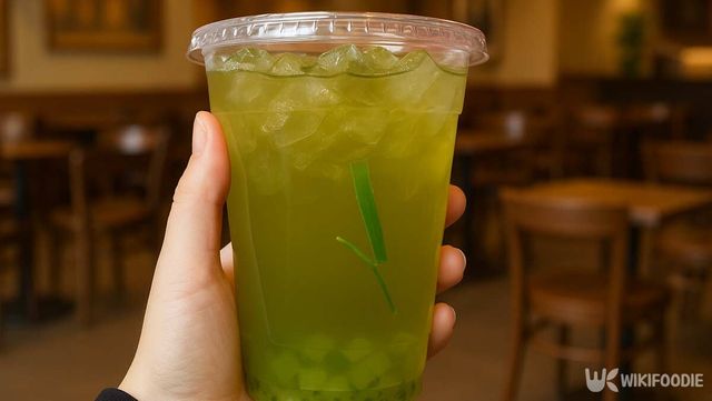 그린티에 알로에 펄을 추가한 음료를 손으로 들고 있다. / 위키푸디