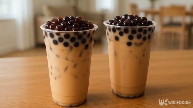 두 잔의 흑당 버블티가 투명한 플라스틱 컵에 담겨 나란히 놓여 있다./ 위키푸디