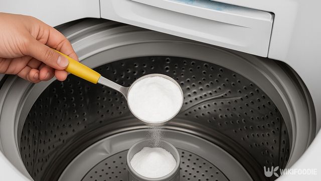 세탁기 통 안에 베이킹소다를 붓고 있다. / 위키푸디