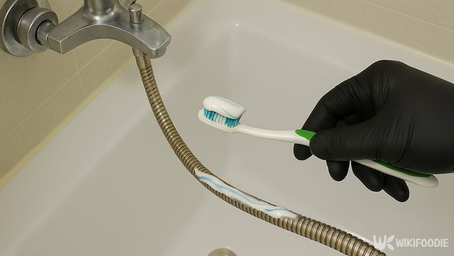 치약을 바른 칫솔로 샤워기 호스 틈새의 물때를 문질러 제거하고 있다. / 위키푸디