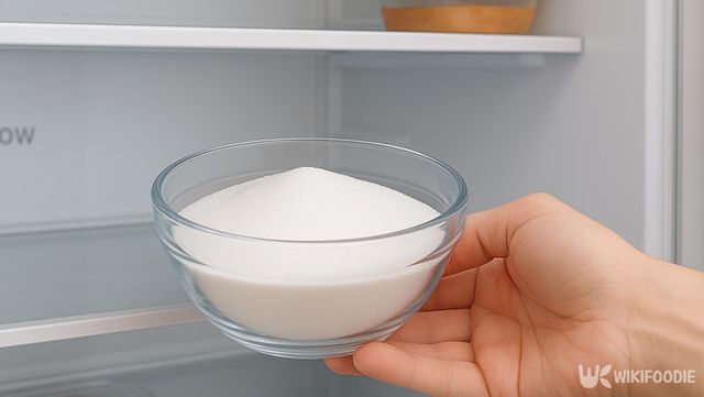 냉장고 속 악취 제거를 위해 손으로 베이킹소다 그릇을 넣고 있다. / 위키푸디