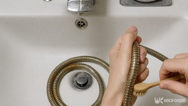 솔을 이용해 샤워기 호스 겉면의 눌어붙은 물때를 문질러 닦고 있다. / 위키푸디