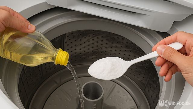세탁기 안에 베이킹소다와 식초를 함께 붓고 있다. / 위키푸디