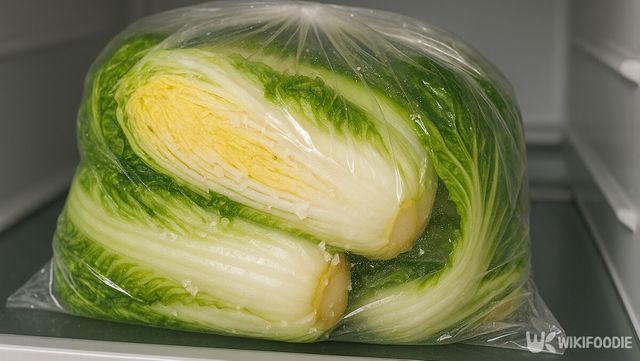 물기를 뺀 절인 배추를 비닐봉지에 넣어 냉장 보관을 하는 모습이다. / 위키푸디