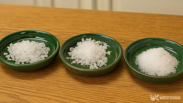 왼쪽부터 천일염, 꽃소금, 한주소금이 그릇에 담겨 있다. / 위키푸디