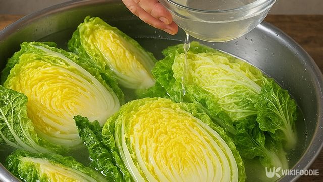 절임용 소금물을 배추에 골고루 붓는 모습이다. / 위키푸디