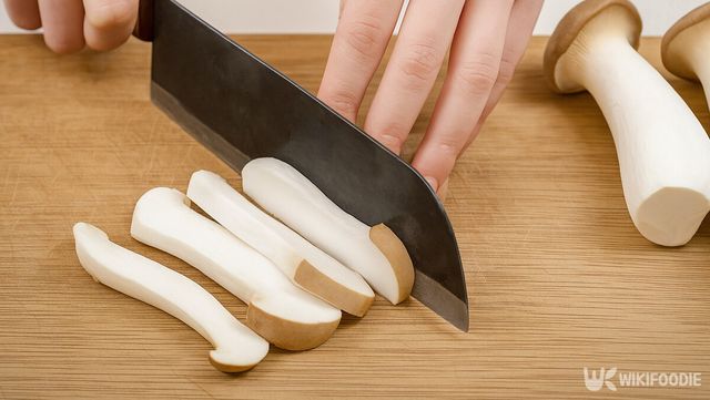 새송이버섯을 칼로 자르고 있다. / 위키푸디