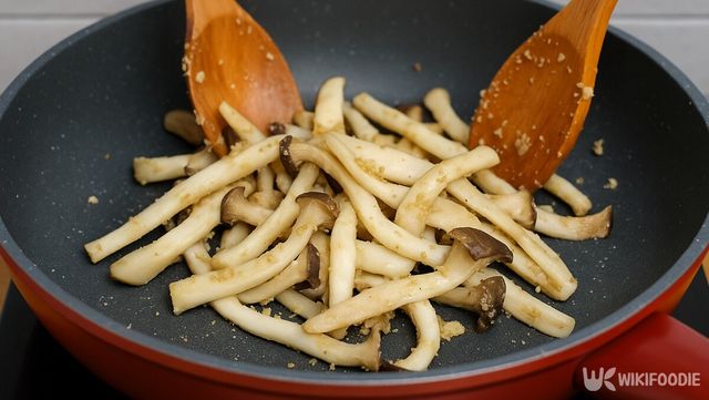 새송이버섯을 후라이팬 위에서 볶고 있다. / 위키푸디