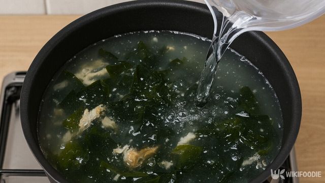 불린 미역과 황태를 넣은 냄비에 물을 추가해 끓이기 시작하는 장면이다. / 위키푸디