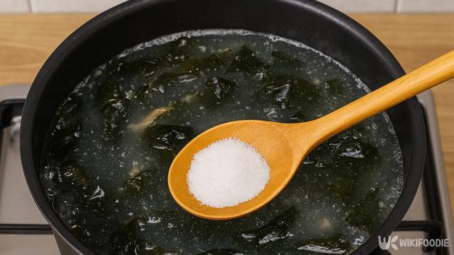 끓는 미역국에 소금을 더해 간을 맞추는 과정이다. / 위키푸디