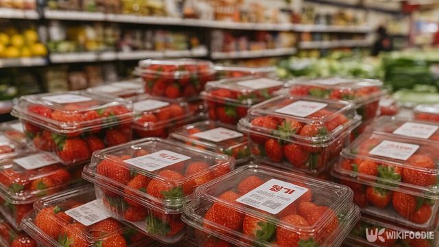 매장 진열대에 딸기 한 팩들이 가지런히 놓여 있다. / 위키푸디