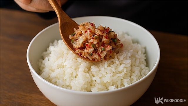 갓 지은 흰 쌀밥 위에 새우젓 무침을 올리고 있다. / 위키푸디