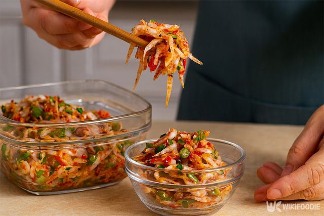 완성한 새우젓 무침을 작은 용기에 담고 있다. / 위키푸디