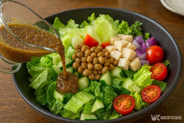 샐러드에 된장으로 만든 드레싱을 넣는 모습이다. / 위키푸디