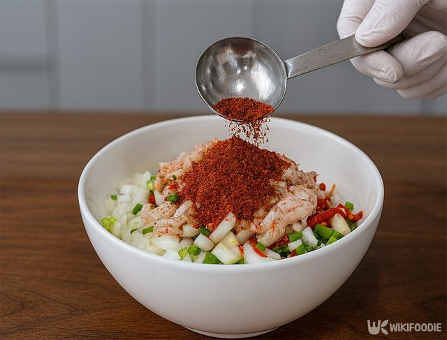 손질한 채소에 양념을 넣고 있다. / 위키푸디