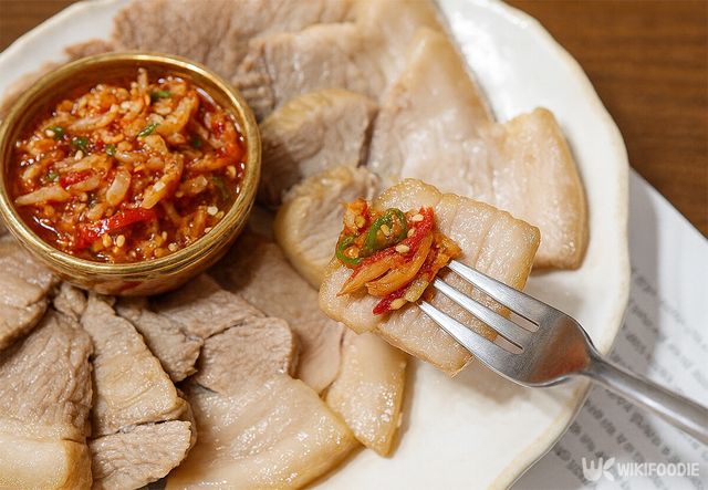 수육에 새우젓 무침을 올린 모습이다. / 위키푸디