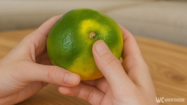 초록빛 감귤을 손으로 살펴보고 있다. / 위키푸디