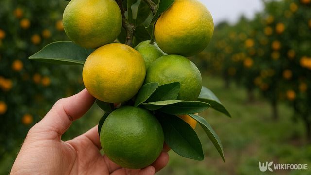 초록빛 감귤을 손으로 들어 올리고 있다. / 위키푸디