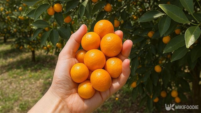 금귤밭에서 금귤을 딴 모습이다. 금귤은 귤을 축소한 듯한 외관을 지녔다. / 위키푸디