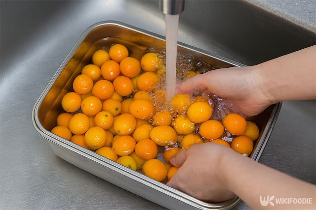 베이킹소다를 넣은 물에 금귤을 세척하는 모습이다. / 위키푸디