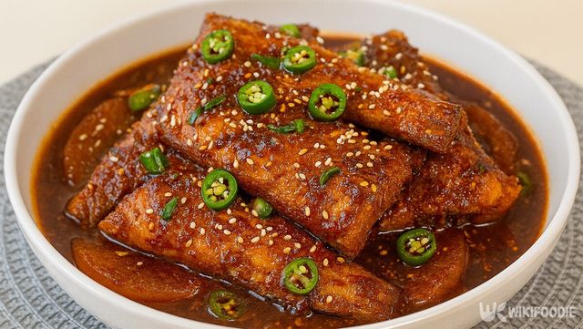 청양고추를 올린 코다리조림이 놓여 있다. / 위키푸디