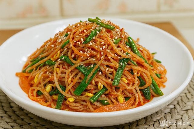 실파를 넣은 콩나물 볶음이 접시에 담겨 있다. / 위키푸디