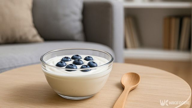 유리 볼에 담긴 요거트 위에 블루베리를 올려 탁자에 둔 모습이다. / 위키푸디